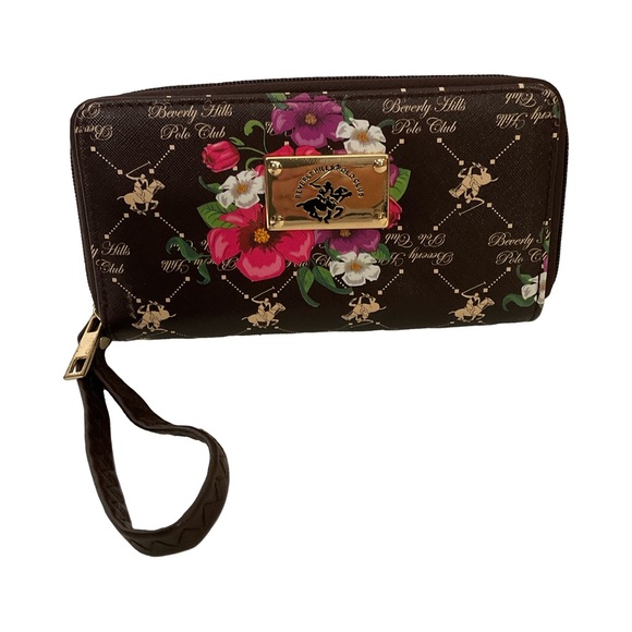 Beverly Hills Polo Club Handbags - Beverly Hills Polo Club brown logo floral zip vegan leather wristlet wallet